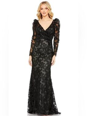 Mac Duggal Black Lace Long Sleeve V-Neck Evening Gown